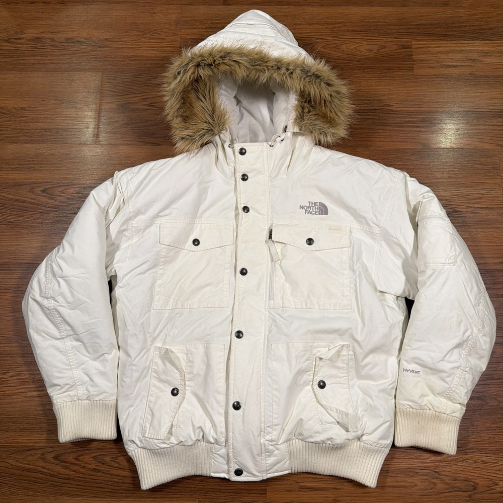 The North Face Gotham Jacket Mens L White HyVent Down Bomber Faux Fur Hood Coat